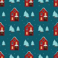 Seamless pattern with cute houses with a bright roof on the snow, light in the windows and chimneys. Merry holiday print, New Year and Christmas decorations. Winter and festive background vector