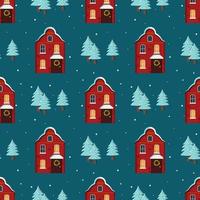 Seamless pattern with cute houses with a bright roof on the snow, light in the windows and chimneys. Merry holiday print, New Year and Christmas decorations. Winter and festive background vector