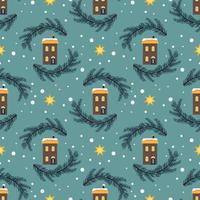 Seamless pattern with festive Christmas houses, tree branches, stars and snowflakes on blue background. Bright print for the New Year and winter holidays for wrapping paper, textiles and design. vector