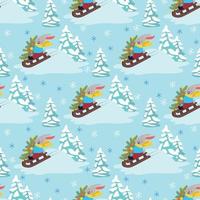 Holiday seamless pattern with hand drawn rabbit on a sleigh. vector