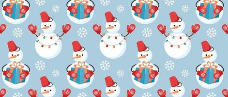 Cheerful snowman with bucket on head, blue background. Seamless pattern for fabrics, textiles, paper, wallpaper. Winter design. Cute cartoon character. Bright Vector illustration