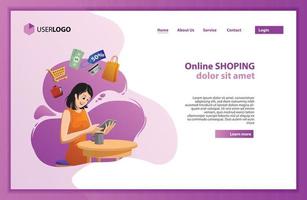 The flat design illustration for presentation, web, or landing page. This woman make online shopping in the web store on a smartphone illustration. Web Design Vector Template.