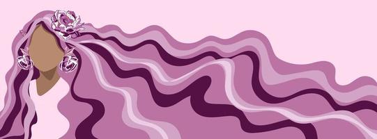 día de la mujer de la independencia. mujer con cabello largo rosa con flor. diseño de formato horizontal ideal para banner web o tarjeta de felicitación. estilo plano vector