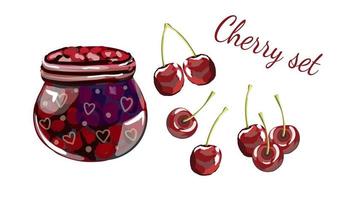 Cherry set. Jar of jam and cherry berries isolated on a white background. Group of ripe cartoon design berries in glass dish. vector