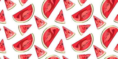 Watermelon half and slices seamless pattern. Red watermelon piece with bite. Illustration of watermelon freshness nature. Cartoon style. vector