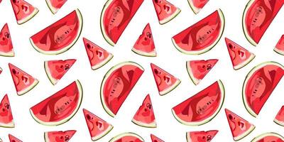 Watermelon half and slices seamless pattern. Red watermelon piece with bite. Illustration of watermelon freshness nature. Cartoon style. vector