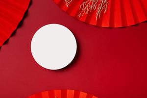 Mock up podium round stage or pedestal and paper art Chinese new year symbol top view photo