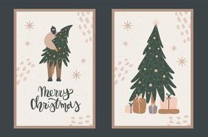 Men holding Christmas tree Greeting cards set. Vector Hand drawn winter Holidays background