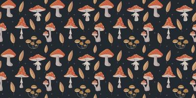 Hand drawn Seamless pattern of forest mushrooms. Vector amanita mushroom