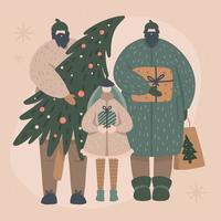 Homosexual male Parents with kids buying and holding Christmas tree and gifts. LGBT family Christmas celebration. Shopping on winter holidays concept vector