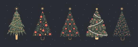 Set of different Christmas trees in Scandinavian style. Doodle hand drawn illustration vector