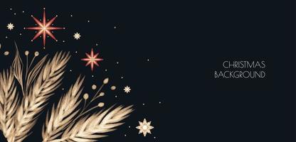 Dark Hand drawn Christmas background with Gold Branches and leaves. Winter Holidays Luxury banner vector