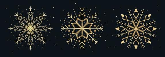 Set of brushstroke hand drawn Gold Snowflakes for Christmas design. Winter Holidays isolated elements vector