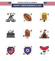 Happy Independence Day 4th July Set of 9 Flat Filled Lines American Pictograph of food cold cream parade instrument Editable USA Day Vector Design Elements