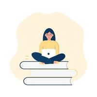 Flat character of a girl on books with a laptop. Concept of comfort. Woman working at her laptop. People, technology, the concept of remote work. Distance education.