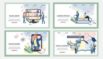 Online education and internet e-learning website banners set with people characters. Online university, homeschooling and distance education courses landing pages template. Flat vector illustration.