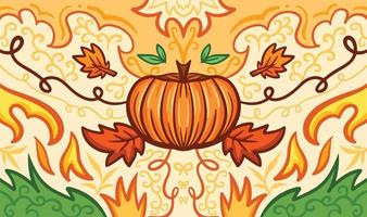 Fondo vectorial temático de otoño con decoración de calabaza aislada. dibujo ilustrativo simétrico para el día de acción de gracias o el telón de fondo de la temporada de otoño de octubre a noviembre en el sitio web y el fondo del afiche. vector