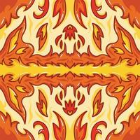 Blazing hot fire element themed symmetrical vector square background. Symmetric wallpaper for greeting card, fabric print, poster, and other purposes backdrop with cartoon flat art style isolated.