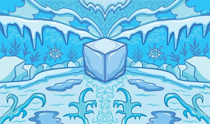 Cold blue ice age themed vector illustration background. Symmetrical wallpaper with cartoon flat art style and clean line art, isolated and colored. Freezing and snowy cold temperature themed artwork.