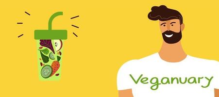 Banner de dibujos animados de fideos planos vectoriales del día vegano mundial. concepto de plan de nutrición, dieta saludable, programa. vector