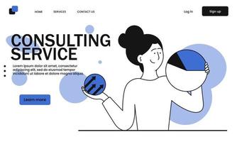 Consulting service and business support vector illustration concept. Online help and internet consultant. Success consultation and operator assistance. Woman expert and feedback experience.