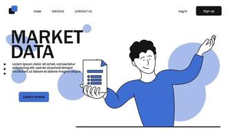 Market data and man holding business document vector illustration concept. Datum technology and information marketing analysis. Digital finance analytic and market report. Financial network commerce