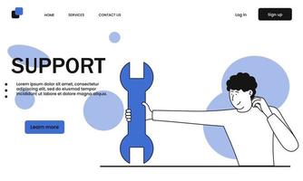 Remote technical support and holding wrench vector illustration concept. Service help technology business and online communication. Technical call center and network tech operator. Web consultation
