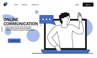 comunicación en línea y hombre hablando desde el concepto de ilustración vectorial portátil. tecnología de Internet y conexión comercial de red. chat social y conexión de videollamadas. acceder al curso de aprendizaje virtual vector