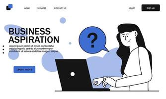 Business aspiration and woman sitting on laptop and ask. Success leadership and progress growth motivation vector illustration concept. Career solution and performance leader to future marketing