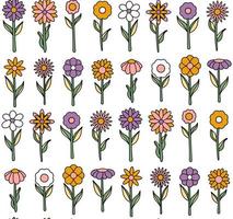 groovy background. Seamless bright repeat pattern of simple blooming flowers in 1970s psychedelic hippie style. graphic decor ornament in retro design. vector illustration