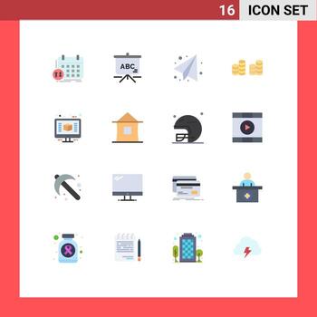 grupo universal de símbolos de iconos de 16 colores planos modernos de la computadora de renderizado monedas de arquitectura de regreso a la escuela paquete editable de elementos creativos de diseño de vectores