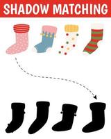 Christmas shadow matching activity for children. Winter puzzle with cute socks. New Year educational game for kids. Find the correct silhouette printable worksheet. Vector cartoon illustration.