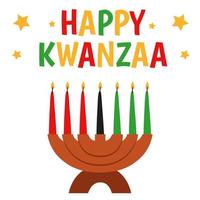 siete velas en kinara. ilustración de dibujos animados vectoriales de kwanzaa feliz. símbolos africanos de vacaciones con letras sobre fondo blanco. vector