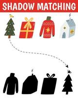 Christmas shadow matching activity for children. Winter puzzle with cute christmas objects. New Year educational game for kids. Find the correct silhouette printable worksheet. vector