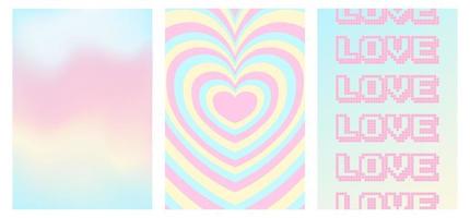 set of y2k style posters, 1990s 2000s nostalgia, heart, gradient background, trendy glamorous vector illustration, pastel candy colors