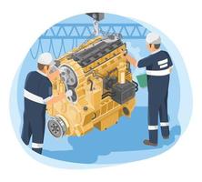 concepto de soporte de equipo de mantenimiento de servicio de motor de motor diesel isométrico para equipos industriales y de construcción amarillo en blanco aislado vector