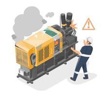 Accident broken fail machine in factory trouble in production industry maintenance concept isometric industrial worker on white background isolated vector