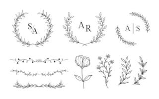 Set of hand drawn floral frames for wedding ornament or feminine beauty logo template vector