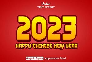 efecto de texto feliz año nuevo chino 2023 con estilo gráfico y editable. vector