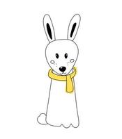 Illustration of a cute rabbit with a scarf. Hare in doodle style. Hand-drawn illustration of a rabbit on a white background for a postcard, print, packaging, label, logo, children's book. vector