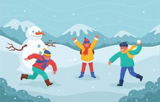 Children Playing Snowball War in Winter Outdoor Activity Background vector