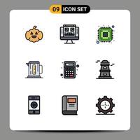 9 User Interface Filledline Flat Color Pack of modern Signs and Symbols of apps add cpu hotel coffee Editable Vector Design Elements