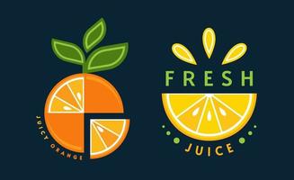 Set of logos, emblems, badges with orange, lemon, green leaves, fruit slices. Good for decoration of food packaging, groceries, agriculture stores, advertising. Flat style vector