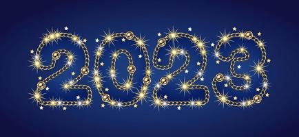 Numbers 2023 made of gold jewelry chains, sparkles, little scattered stars on a blue background. No transparency effect. Vector illustration