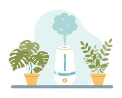 humidificador sobre la mesa con plantas de interior. ilustración vectorial en estilo de dibujos animados planos sobre fondo blanco vector