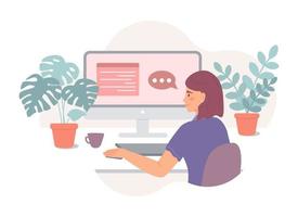 Woman works from home or cozy office. The character sits at table and communicates with colleagues on the Internet, studies online. Flat vector illustration