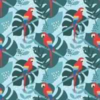 Macaw parrot on branch with tropical exotic plants, vector seamless pattern