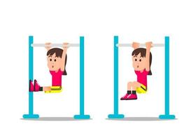 a little girl hanging on a bar to do pull ups vector