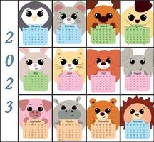 Calendar for 2023 with cute round characters animals vector