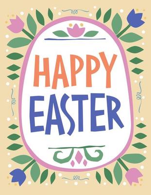 Happy Easter, cute festive hand lettering illustration. Vector typography phtase design in an Easter egg shaped frame with Spring flowers and dots.